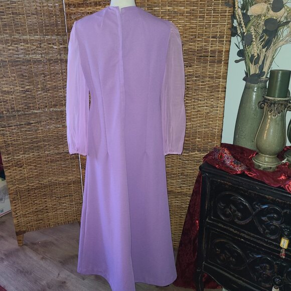 Vintage Hand Made Maxi Dress Lilac Sheer Puffy Sleeve Zipper Back - Picture 5 of 5